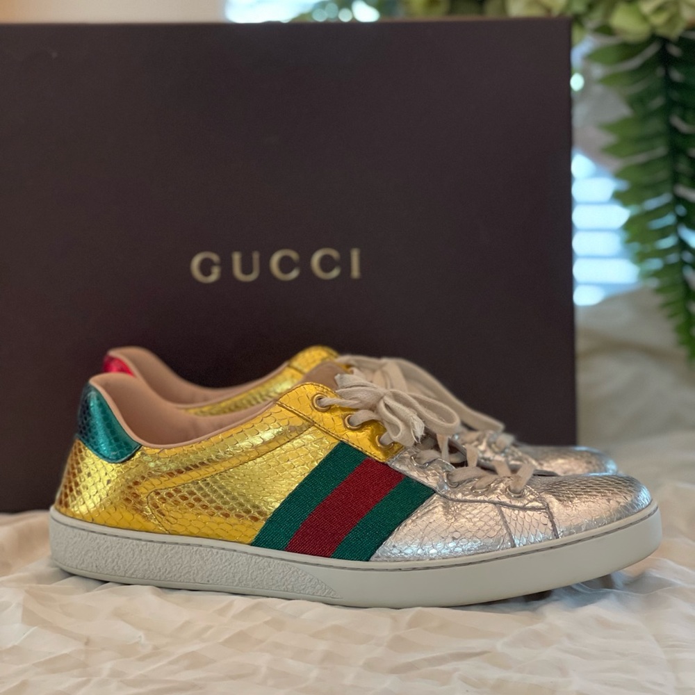 Limited Edition Authentic Gucci Snakeskin Ace Sneakers Metallic Gold Silver